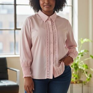 Falechay Women’s 2XL Pink Button-Up Tuxedo Blouse – Pleated Lace Front, Tie Back